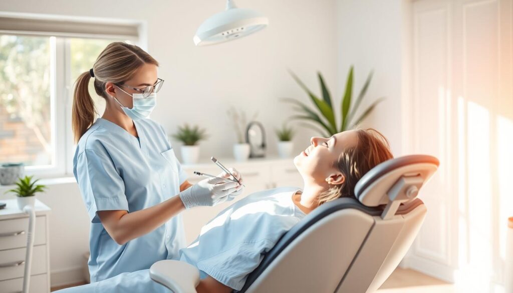 A bright, airy dental office setting with a patient reclined in the chair, undergoing a professional cleaning procedure. The hygienist, dressed in medical attire, is using various tools like a scaler and polisher to gently remove plaque and tartar from the patient's teeth. The room is bathed in natural light filtering through large windows, creating a calming and serene atmosphere. The background features modern, minimalist decor with a few potted plants, conveying a sense of cleanliness and well-being. The image captures the routine, yet important, nature of a dental cleaning, reflecting the overview of the article's subject matter.