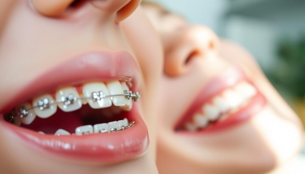 A bright, well-lit close-up view of two sets of adult and teen teeth, one showcasing traditional metal braces and the other Invisalign clear aligner trays. The contrast between the bulky, noticeable braces and the discreet, almost invisible Invisalign trays is the focal point. The scene is captured with a shallow depth of field, emphasizing the foreground teeth and gently blurring the background. The lighting is soft and diffused, creating a calming, clinical atmosphere that highlights the differences in comfort and aesthetics between the two orthodontic treatments.