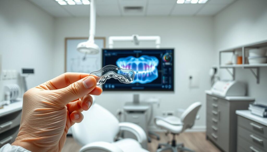 A bright, well-lit dental office setting with a close-up view of an Invisalign treatment plan and model teeth. In the foreground, a dentist's hands hold up a transparent Invisalign aligner, showcasing the clear, customized design. In the middle ground, a 3D model of the patient's teeth is displayed on a computer screen, highlighting the malocclusion and planned tooth movement. The background features dental equipment, shelves, and a professional, sterile atmosphere, conveying the clinical nature of the Invisalign consultation process. Soft, even lighting from overhead and a sense of scientific precision evoke the expertise and care required for Invisalign treatment.