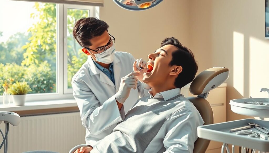 A brightly lit dental examination room, with a large window overlooking a serene garden. In the foreground, a patient sitting upright in a reclining chair, their mouth open as the dentist, dressed in a crisp white coat, carefully examines their teeth using a small mirror and probing tool. The dentist's face is focused, their movements precise and professional. In the background, various dental instruments and equipment neatly arranged on a tray, conveying a sense of cleanliness and order. The room's walls are painted in a soothing, neutral tone, and the lighting casts a warm, calming glow, creating an atmosphere of comfort and trust.