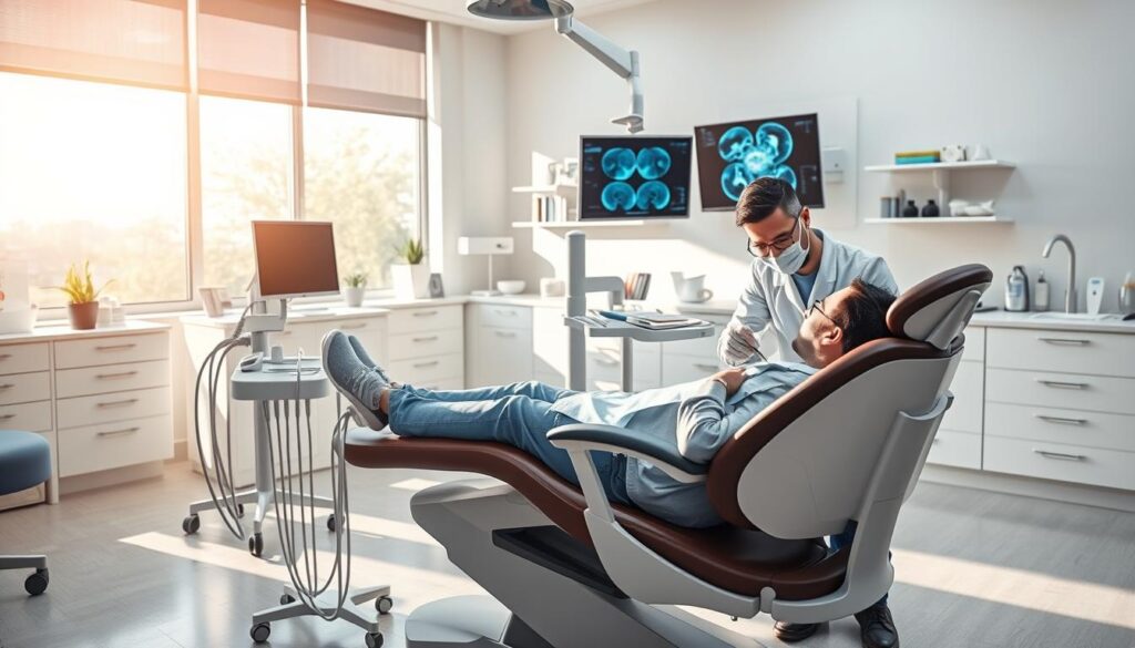 A clean and modern dental office interior with natural lighting streaming through large windows. In the foreground, a patient reclines comfortably in a state-of-the-art dental chair, while a friendly dentist examines their teeth using advanced tools and equipment. The middle ground showcases neatly organized dental tools, supplies, and a digital display showing diagnostic images. The background features minimalist decor, soothing colors, and calming ambiance to create a welcoming atmosphere. The overall scene conveys the importance of regular dental visits for maintaining oral health and hygiene.