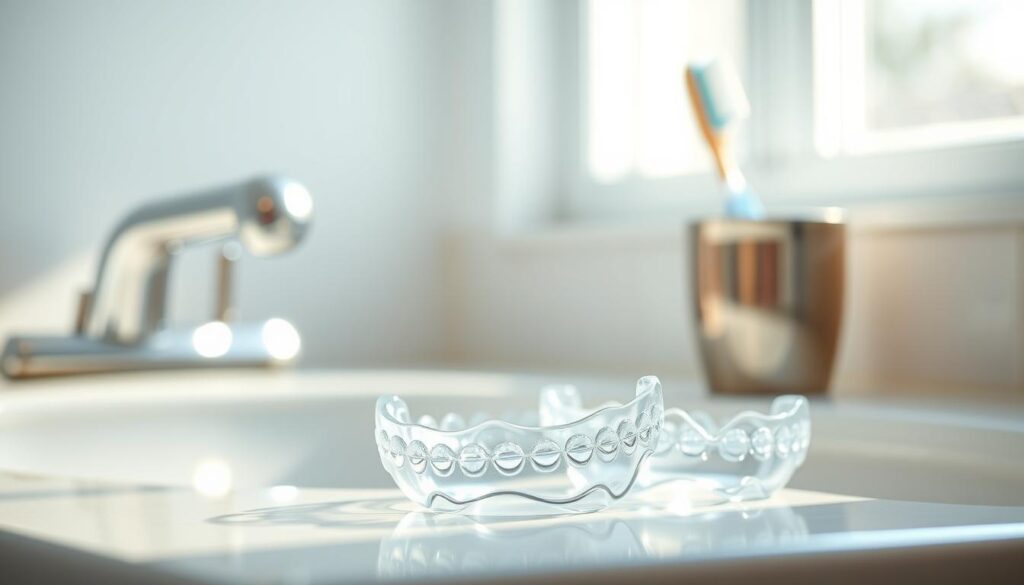 A clean, well-lit bathroom counter with a set of clear plastic aligners neatly arranged. Soft, natural lighting from a nearby window creates a warm, inviting atmosphere. The aligners are the central focus, showcasing their translucent material and intricate design. In the background, a brushed metal cup holds a toothbrush and toothpaste, hinting at the daily maintenance routine. The image conveys a sense of care, order, and attention to detail, reflecting the important role aligners play in the overall Invisalign treatment process.