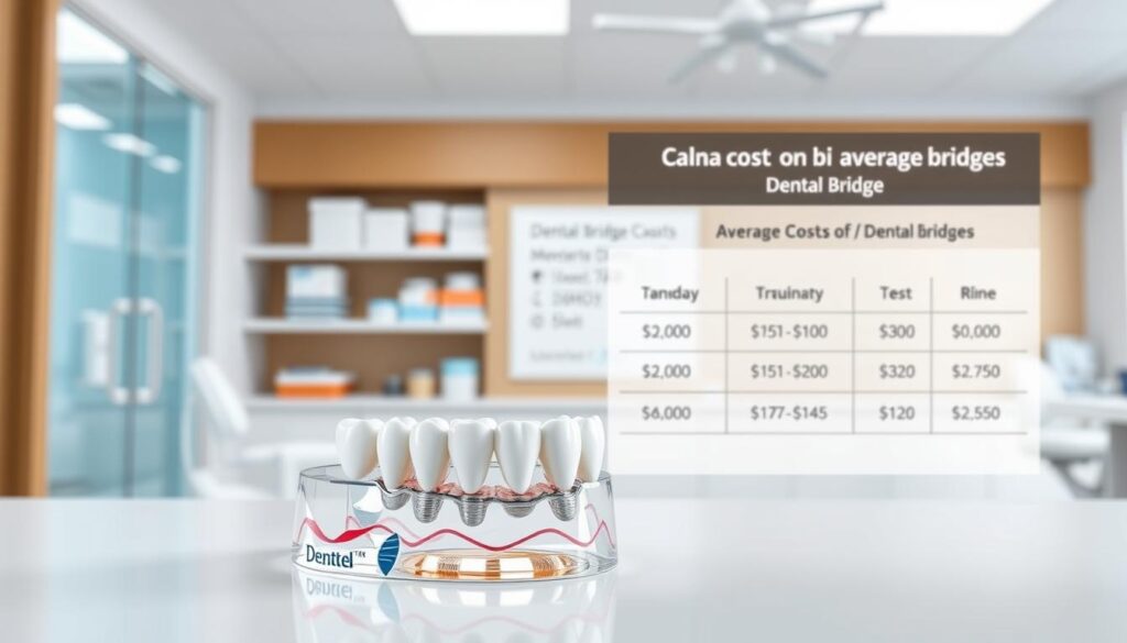 A clean, well-lit dental clinic interior. In the foreground, a detailed 3D model of a dental bridge, its components and construction meticulously rendered. In the middle ground, a chart displaying the average costs of different types of dental bridges, with clear numerical values. The background shows shelves of dental supplies and equipment, conveying a professional, medical atmosphere. The lighting is bright and even, with a slight softness to create depth and dimension. The camera angle is slightly elevated, providing an informative, educational perspective on the subject matter.