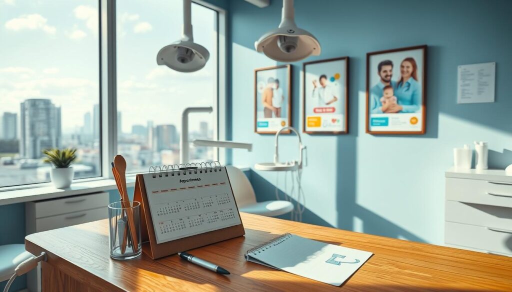 A clean, well-lit dental office with modern fixtures and equipment. In the foreground, a wooden desk with a neatly organized calendar displaying appointment times for dental checkups and cleanings. On the desk, a pen, a nameplate, and a cup holding various dental tools. Behind the desk, a large window overlooking a cityscape, allowing natural light to flood the space. The walls are a calming shade of blue, and framed dental health posters hang artfully. A sense of professionalism and attention to detail permeates the scene, creating a welcoming and trustworthy environment for patients.