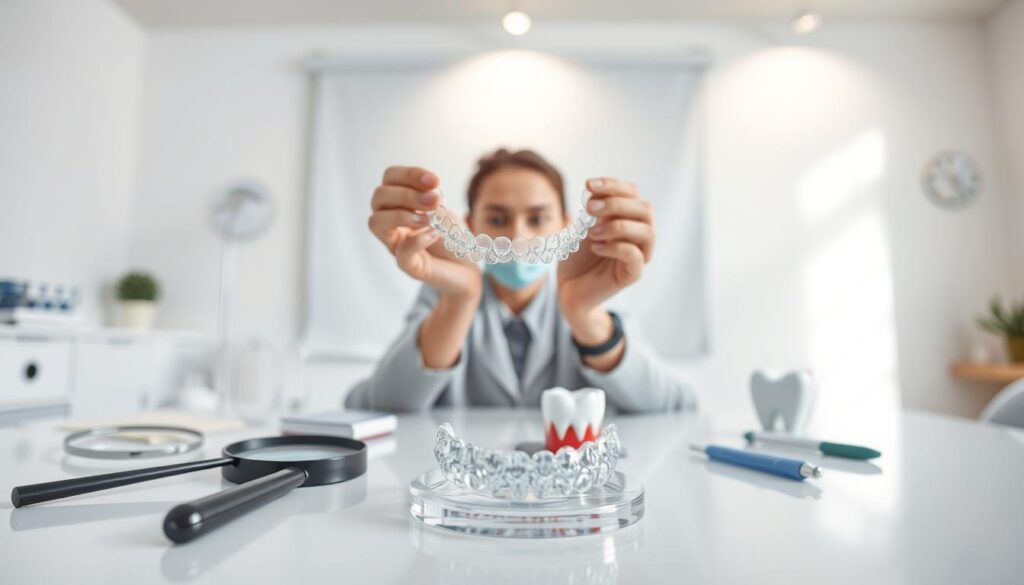 A clean, well-lit studio setting with soft, diffused lighting from multiple sources. On a table in the foreground, a set of Invisalign clear aligners rests alongside a magnifying glass, a tooth model, and various dental tools, creating a clinical yet inviting atmosphere. In the middle ground, a person's hands hold up the Invisalign aligners, examining them closely. The background features a neutral, out-of-focus backdrop, allowing the main elements to take center stage. The overall mood is one of thoughtful consideration, highlighting the pros and cons of the Invisalign treatment process.