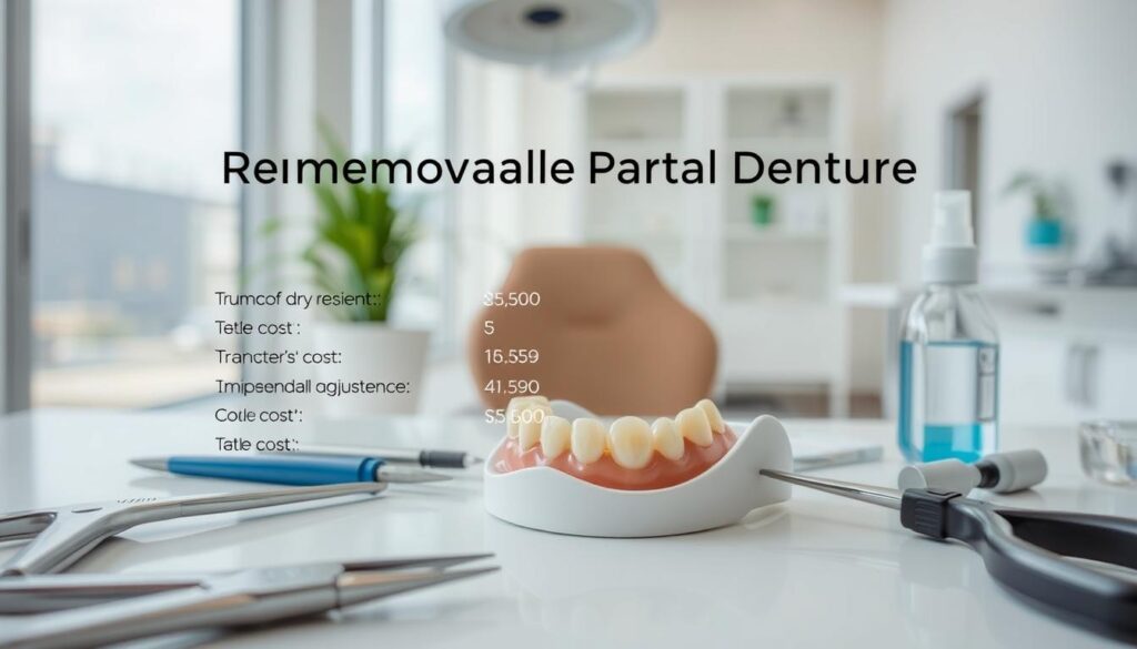 A clear, well-lit image of the cost factors for a removable partial denture. In the foreground, a dental prosthetic and various dental tools, such as pliers, polishing tools, and a denture cleaning solution. In the middle ground, a breakdown of the typical costs associated with a removable partial denture, including the cost of the dental appliance, the dentist's fees, and any additional expenses like impressions or adjustments. The background should depict a modern dental office setting, with clean, minimalist decor and natural lighting from large windows. The overall mood should be informative and professional, conveying the important considerations when determining the cost of a removable partial denture.