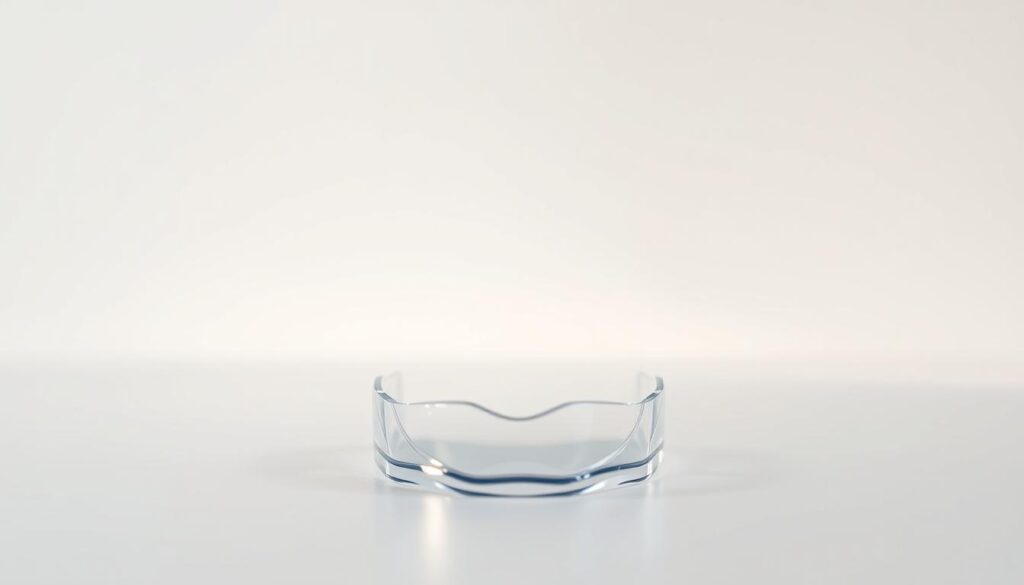 A clear, well-lit studio shot of a set of Invisalign clear aligners resting on a clean, minimalist surface. The aligners are the central focus, positioned in the foreground with a sharp, detailed rendering. The middle ground features a subtle, blurred background, creating depth and emphasis on the product. Soft, diffused lighting from above casts a gentle, natural glow on the aligners, highlighting their transparency and the intricate contours. The overall mood is modern, professional, and informative, conveying the sophisticated technology and precision of the Invisalign system.