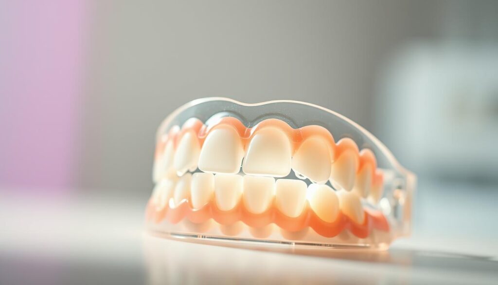 A close-up, high-resolution photograph of a set of teeth in an Invisalign aligner, surrounded by a halo of soft, diffused lighting that creates a warm, inviting atmosphere. The teeth are prominently featured in the foreground, showcasing the subtle, natural-looking straightening provided by the clear plastic aligners. The background is blurred, with a hint of a dental office setting or a serene, calming environment, drawing the viewer's attention to the teeth and the benefits of Invisalign treatment. The lighting and composition create a sense of professionalism and attention to detail, reflecting the expertise and care required for a successful Invisalign candidacy.