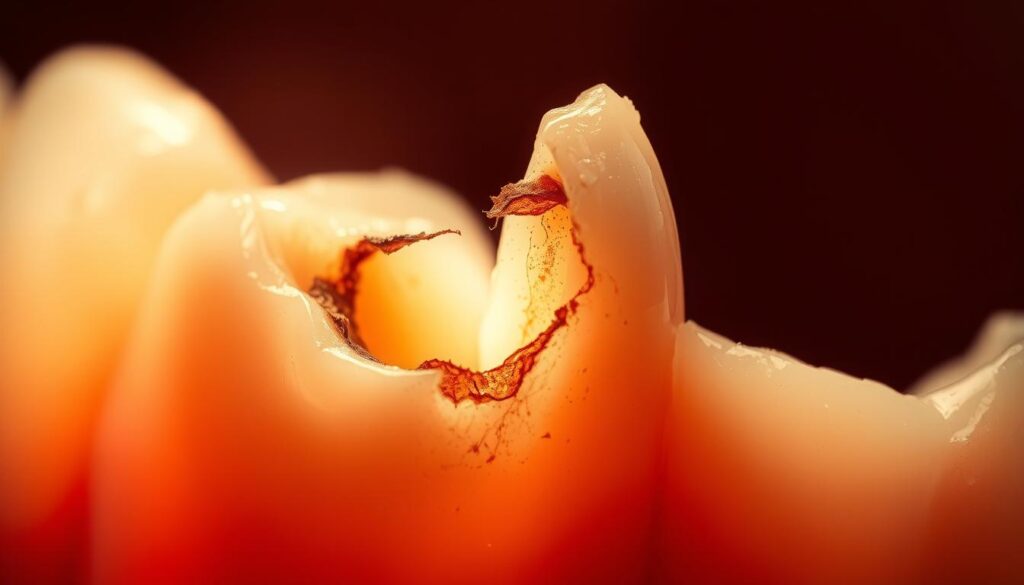 A close-up view of a damaged tooth, with its jagged edges and exposed inner structure. The tooth is illuminated by a warm, soft light, casting subtle shadows that accentuate its fragility. The background is slightly blurred, creating a sense of focus on the broken tooth, which is the central subject. The image conveys a sense of urgency and the need for immediate dental attention, reflecting the "dental emergency" aspect of the prompt.