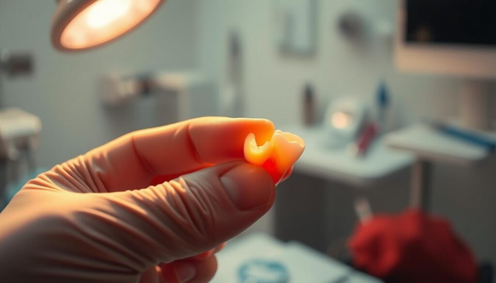 A close-up view of a dentist's hand examining a patient's chipped tooth, illuminated by warm, focused lighting. The tooth fills the foreground, surrounded by blurred dental tools and instruments in the middle ground. In the background, a hazy, clinical setting suggests a professional dental office. The overall mood conveys a sense of concern and urgency, highlighting the importance of addressing a dental emergency promptly. A close-up view of a dentist's hand examining a patient's chipped tooth, illuminated by warm, focused lighting. The tooth fills the foreground, surrounded by blurred dental tools and instruments in the middle ground. In the background, a hazy, clinical setting suggests a professional dental office. The overall mood conveys a sense of concern and urgency, highlighting the importance of addressing a dental emergency promptly.