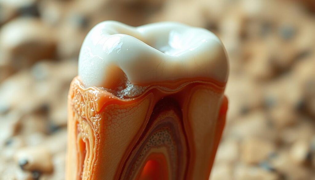 A close-up view of a human tooth undergoing a remarkable process of self-renewal. The tooth is depicted in vivid detail, with intricate layers of enamel, dentin, and pulp visible. The foreground showcases the gradual regeneration of the tooth's structure, with new cells and tissues forming to replace the damaged areas. The middle ground features a cross-sectional view, revealing the inner workings of the tooth and the dynamic interplay between the various components. The background is softly blurred, allowing the viewer to focus on the captivating process of the tooth's self-healing. The lighting is warm and natural, casting a gentle glow on the tooth and accentuating the textures and details. The overall mood is one of fascination and wonder, as the viewer witnesses the remarkable resilience and regenerative capacity of the human tooth.