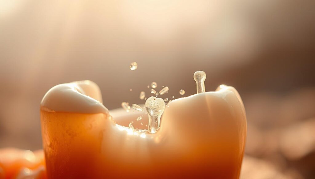 A close-up view of a human tooth undergoing the natural healing process. The tooth is depicted in the foreground, with its outer enamel layer partially damaged or broken. Gentle rays of warm, golden light illuminate the tooth, revealing the intricate structures beneath the surface. In the middle ground, delicate, translucent cells and tissues are shown repairing the damaged areas, gradually restoring the tooth's integrity. The background is soft and blurred, conveying a sense of tranquility and the body's innate healing abilities. The overall scene is detailed, scientifically accurate, and evokes a sense of wonder and appreciation for the human body's remarkable regenerative capacities.
