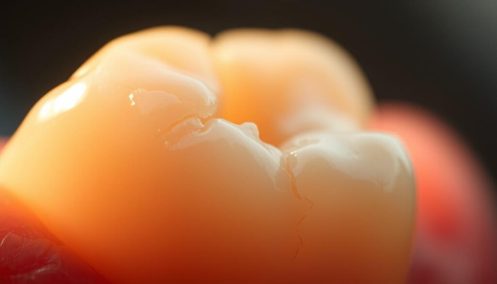 A close-up view of a partially cracked tooth, showcasing the natural healing process. The tooth's surface appears slightly discolored, with subtle signs of regeneration along the fractured edges. Soft, warm lighting illuminates the tooth, creating a sense of delicate vulnerability. The background is blurred, allowing the viewer to focus on the intricate details of the tooth's structure. The image conveys a serene, meditative atmosphere, evoking the resilience and self-healing capabilities of the human body.