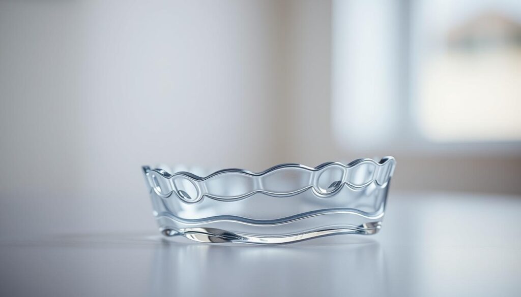 A close-up view of a set of invisible clear plastic aligners, positioned in the foreground and capturing the subtle translucency and barely visible edges. The aligners are shown in a well-lit, minimalist setting with a soft, diffused lighting that highlights the intricate, custom-molded design. The background is slightly blurred, creating a sense of focus on the main subject and emphasizing the discreet, unobtrusive nature of the aligners. The composition aims to showcase the near-invisible appearance of the aligners when worn, conveying the idea of subtle, effective orthodontic treatment.