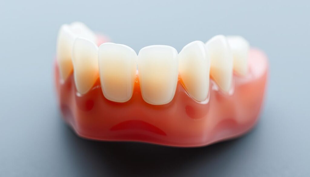 A close-up view of a set of removable partial dentures, meticulously crafted with precision. The denture base is made of a durable, lightweight polymer material, seamlessly blending with the patient's natural gum line. The replacement teeth are realistic, life-like, and subtly tinted to match the surrounding dentition. The clasps, delicately designed, securely anchor the denture to the remaining teeth, providing a discreet and comfortable fit. The lighting is soft and diffused, highlighting the denture's intricate details and giving it a natural, organic appearance. The focus is sharp, capturing the denture's form and function in a way that emphasizes its advantages for restoring a single missing tooth.