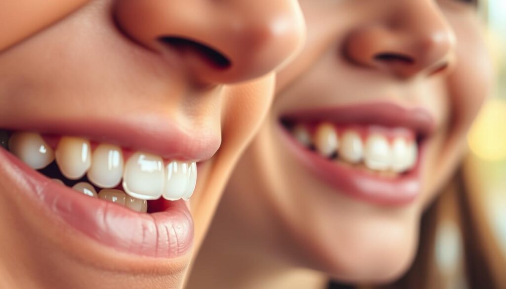 A close-up view of an adult's and a teen's teeth, showcasing the Invisalign clear aligner system. The foreground features the translucent plastic aligners precisely fitted over the teeth, gently applying pressure to gradually shift them into proper alignment. The middle ground highlights the discreet, barely visible nature of the aligners, blending seamlessly with the natural tooth structure. The background softly blurs, emphasizing the focus on the Invisalign system and its ability to straighten teeth without drawing attention. Warm, natural lighting casts a subtle glow, conveying the comfort and confidence of the treatment. The composition and angles effectively communicate the understanding of how Invisalign works for both adults and teenagers.
