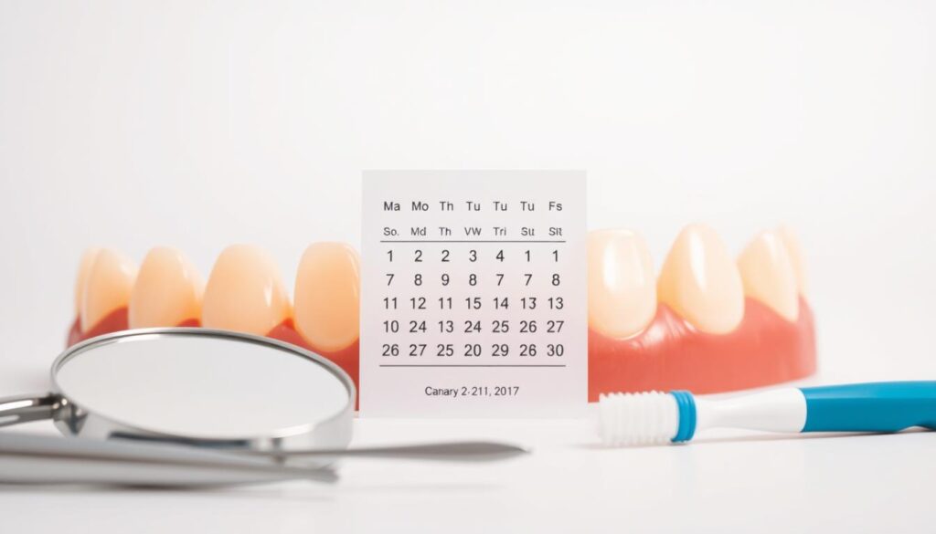 A closeup view of human teeth, meticulously cleaned and polished, resting on a pristine white background. The teeth gleam under warm, soft lighting, highlighting their natural shape and texture. In the foreground, dental tools such as a mirror, pick, and toothbrush are neatly arranged, emphasizing the importance of regular dental care. The middle ground features a calendar, with select dates circled to indicate recommended cleaning intervals. The background fades into a subtle gradient, creating a sense of depth and focus on the central elements. The overall mood is one of cleanliness, health, and attention to dental well-being.