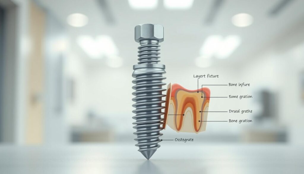 A cutaway diagram depicting the structural components of a dental implant. In the foreground, a realistic, highly detailed model of a titanium dental implant fixture with its threaded screw and flared collar. The middle ground showcases the various layers of bone and gum tissue, with labeled sections highlighting the process of osseointegration. In the background, a softly blurred, clinical-looking environment with a neutral color palette, conveying a sense of medical precision. Crisp lighting from multiple angles accentuates the implant's metallic finish and the intricate anatomical details. The overall mood is informative and educational, suitable for illustrating the structure of a dental implant.