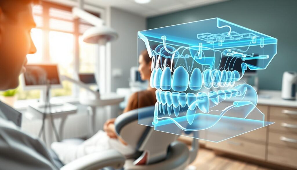 A dental clinic interior with natural lighting, a patient seated in an examination chair, their teeth visible as a dentist or orthodontist examines them. In the foreground, a holographic model of the patient's teeth hovers, displaying a detailed analysis of their dental structure and alignment. The model rotates slowly, revealing different angles and identifying potential issues that could be addressed with Invisalign treatment. In the background, medical equipment and sleek, modern decor create a professional, yet calming atmosphere.