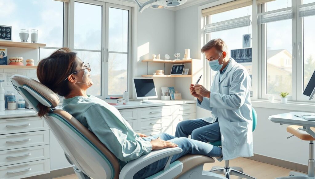 A dental office interior, bright and airy, with natural light filtering through large windows. In the foreground, a patient sitting upright in a reclined dental chair, their mouth open as a dentist wearing a white coat and face mask examines their teeth with a small mirror and probe. On the adjacent counter, various dental tools and instruments are neatly arranged. In the background, shelves displaying dental models, x-rays, and educational materials. The atmosphere is calm and professional, conveying a sense of routine and care.