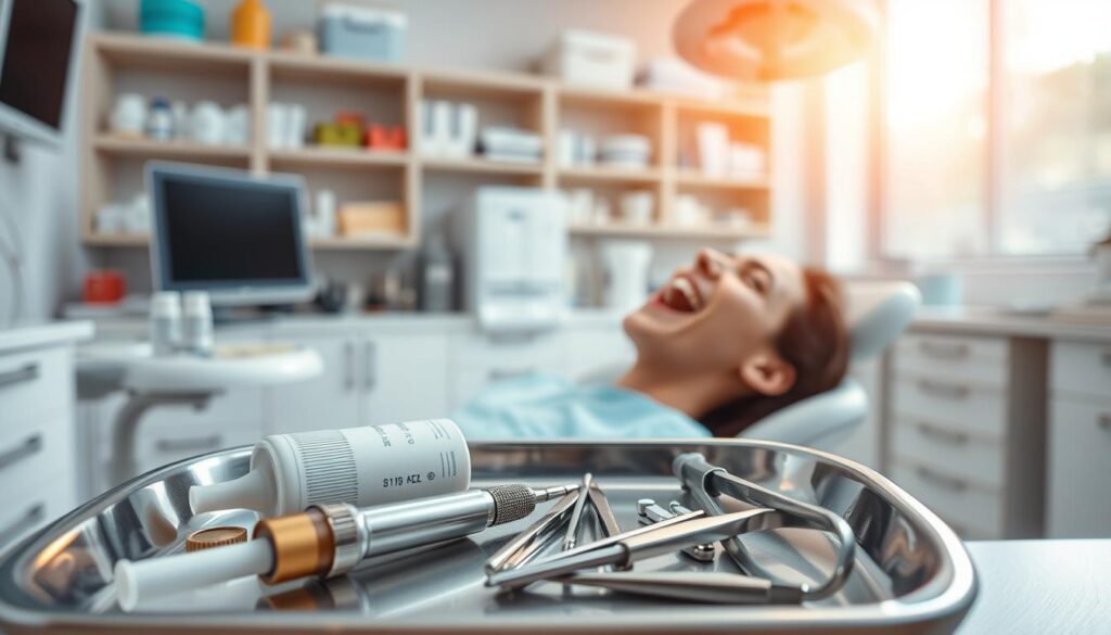 A dental office interior, brightly lit with warm, natural lighting. In the foreground, a dentist's tray displays various dental tools and materials for treating a broken tooth, including dental cement, a dental drill, and a set of dental forceps. In the middle ground, a patient sits reclined in a dentist's chair, their mouth open as the dentist examines their damaged tooth. The background features shelves of dental supplies and equipment, creating a clinical yet welcoming atmosphere. The overall scene conveys the professionalism and expertise required to effectively address the treatment options for a broken tooth. A dental office interior, brightly lit with warm, natural lighting. In the foreground, a dentist's tray displays various dental tools and materials for treating a broken tooth, including dental cement, a dental drill, and a set of dental forceps. In the middle ground, a patient sits reclined in a dentist's chair, their mouth open as the dentist examines their damaged tooth. The background features shelves of dental supplies and equipment, creating a clinical yet welcoming atmosphere. The overall scene conveys the professionalism and expertise required to effectively address the treatment options for a broken tooth.