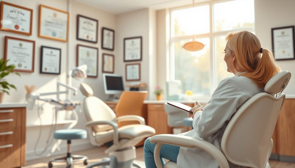 A dentist's office, warm and inviting, with a well-lit reception area. In the foreground, a patient sits comfortably, discussing treatment options with a kind, attentive dentist. Soft, natural lighting filters through large windows, casting a soothing glow. The walls showcase diplomas and certificates, instilling confidence in the dentist's expertise. In the background, modern dental equipment and clean, organized workspaces suggest a commitment to professionalism and patient care. The atmosphere exudes a sense of trust and reassurance, making the patient feel at ease with the decision to choose this dentist.