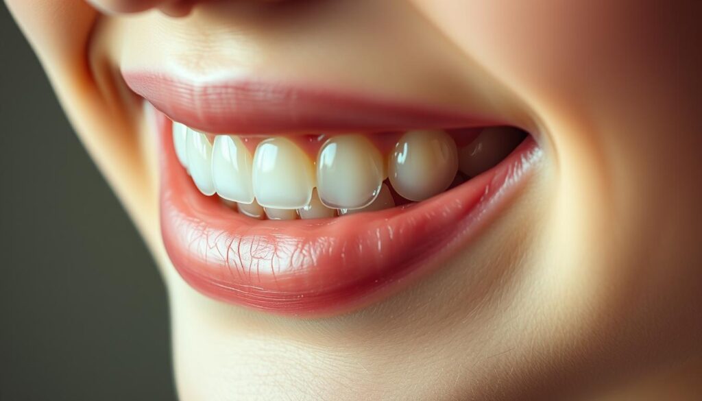 A detailed close-up view of a person's teeth showcasing the subtle, discreet aesthetic benefits of Invisalign clear aligners. The teeth are slightly misaligned, but the Invisalign trays are barely visible, blending seamlessly with the natural tooth enamel. The image is shot with soft, diffused lighting from the side, emphasizing the smooth, transparent appearance of the aligners. The background is a muted, out-of-focus palette, keeping the focus on the subject's teeth and the Invisalign's aesthetic advantages over traditional metal braces.