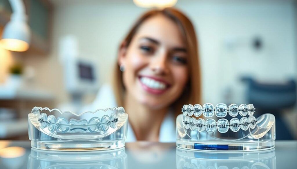 A detailed comparison of clear aligners and metal braces, illuminated by soft, natural lighting. The foreground features a pair of transparent aligners and a set of traditional metal braces, positioned side-by-side to highlight their distinct designs. The middle ground showcases a smiling patient, experiencing the comfort and ease of the invisible aligner system. In the background, a blurred dental office setting, conveying a sense of clinical professionalism. The image exudes a calming, inviting atmosphere, reflecting the patient-centric approach of modern orthodontic treatments.