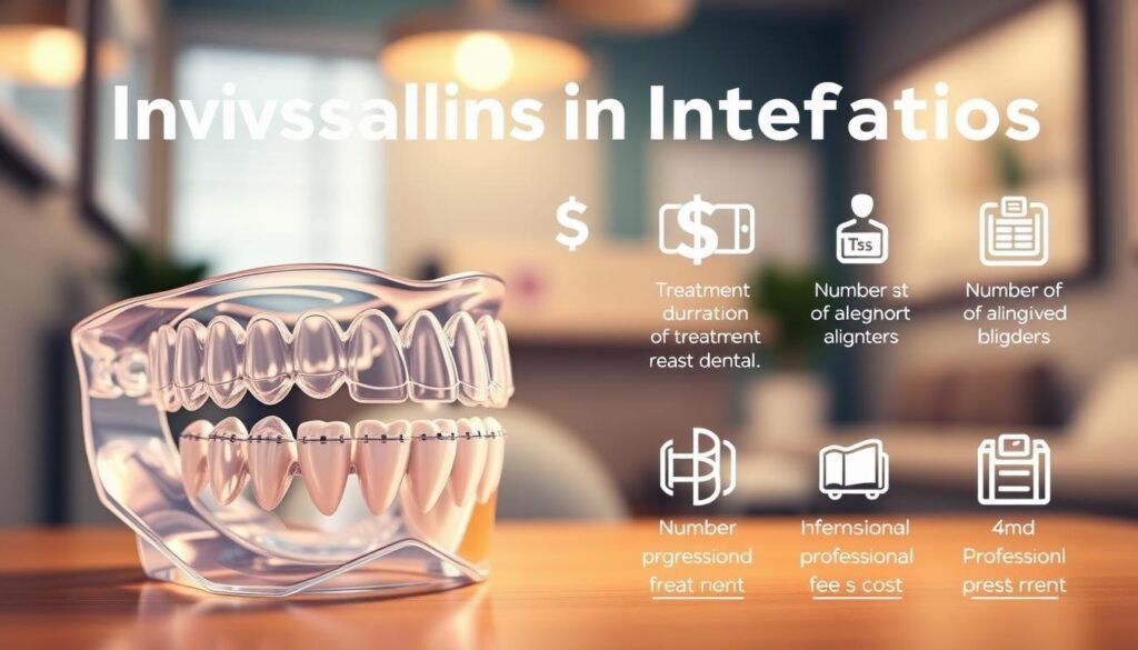 A detailed illustration of the key cost factors influencing Invisalign treatment. In the foreground, a transparent 3D model of a full set of teeth with Invisalign aligners, showcasing the customized design. In the middle ground, a series of cost-related icons and infographics, including dollar signs, treatment duration, number of aligners, and dental professional fees. The background features a soft, blurred image of a dental office, conveying the professional medical setting. The lighting is warm and inviting, with a focus on highlighting the technical details of the Invisalign system. The overall mood is informative and educational, guiding the viewer through the essential cost considerations for Invisalign treatment.