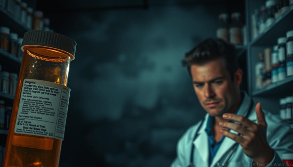 A dimly lit pharmacy interior, shelves lined with a variety of medications. In the foreground, a close-up of a prescription bottle, its label partially obscured, suggesting potential dangers. The middle ground depicts a medical professional, brow furrowed, carefully examining the bottle, conveying a sense of caution and concern. The background is hazy, with a subtle play of shadows and highlights, creating an atmosphere of unease and uncertainty. The lighting is dramatic, casting deep shadows and highlighting the serious nature of the subject matter. The overall composition and mood suggest the risks and potential complications associated with certain medications.