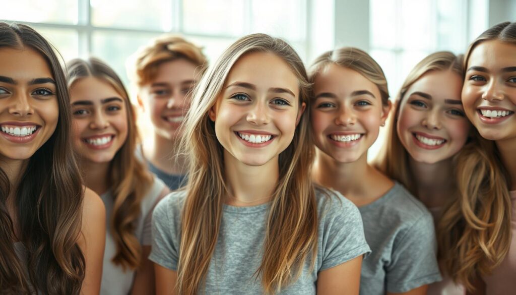 A group of teenagers wearing transparent, custom-fitted Invisalign braces, their confident smiles revealing the gradual straightening of their teeth. The scene is set in a bright, airy room with natural lighting filtering in through large windows, creating a sense of openness and optimism. The teens are positioned at various angles, showcasing the subtle, discreet nature of their orthodontic treatment. The background blurs softly, drawing the viewer's attention to the clear aligners and the teenagers' expressions of satisfaction and pride. The overall mood conveys the effectiveness and transformative power of Invisalign for this age group.