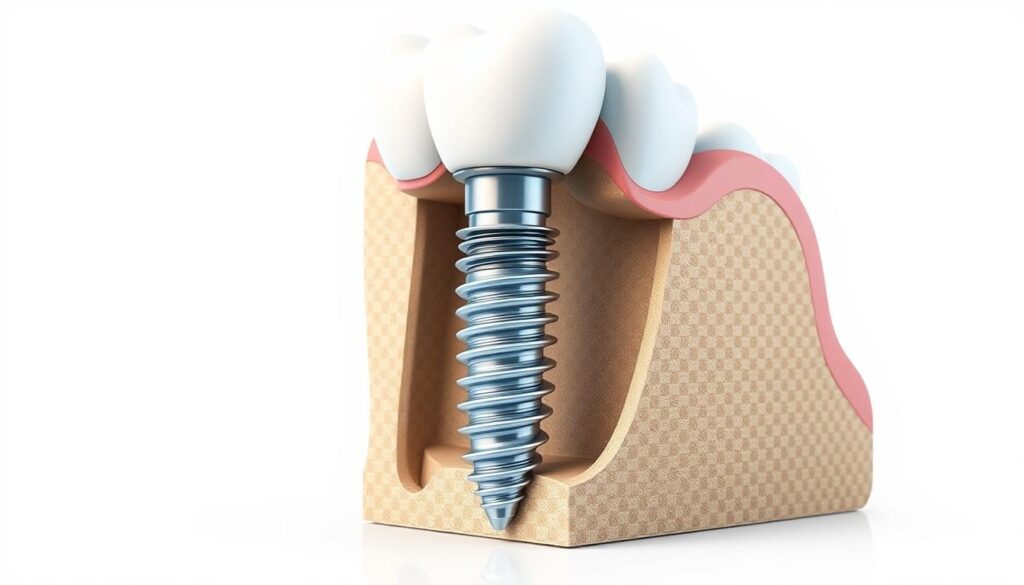 A high-quality medical illustration depicting the cost of dental implants. A detailed, technical cross-section showcasing the various components and materials used in a dental implant procedure, including the titanium post, abutment, and crown. The image has a clean, clinical aesthetic with a neutral color palette, emphasizing the precision and expertise required for this treatment. Bright, even lighting from multiple angles highlights the intricate details. The perspective is slightly angled to provide depth and clarity. The overall composition conveys the complex yet crucial nature of dental implants as a tooth replacement solution.