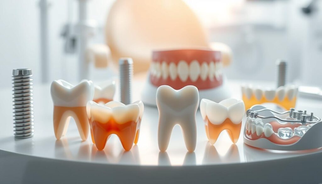 A high-resolution photorealistic image of an array of tooth replacement options, including dental implants, bridges, and dentures, displayed on a clean white background with soft, natural lighting from the side. The foreground showcases the various prosthetic teeth in detail, highlighting their realistic textures and shades. The middle ground features different tooth-supported restorations, while the background subtly hints at the surrounding dental environment, such as a dental chair or tools, to convey the medical context. The overall composition and styling convey a sense of professionalism, reliability, and the latest advancements in dental technology. A high-resolution photorealistic image of an array of tooth replacement options, including dental implants, bridges, and dentures, displayed on a clean white background with soft, natural lighting from the side. The foreground showcases the various prosthetic teeth in detail, highlighting their realistic textures and shades. The middle ground features different tooth-supported restorations, while the background subtly hints at the surrounding dental environment, such as a dental chair or tools, to convey the medical context. The overall composition and styling convey a sense of professionalism, reliability, and the latest advancements in dental technology.