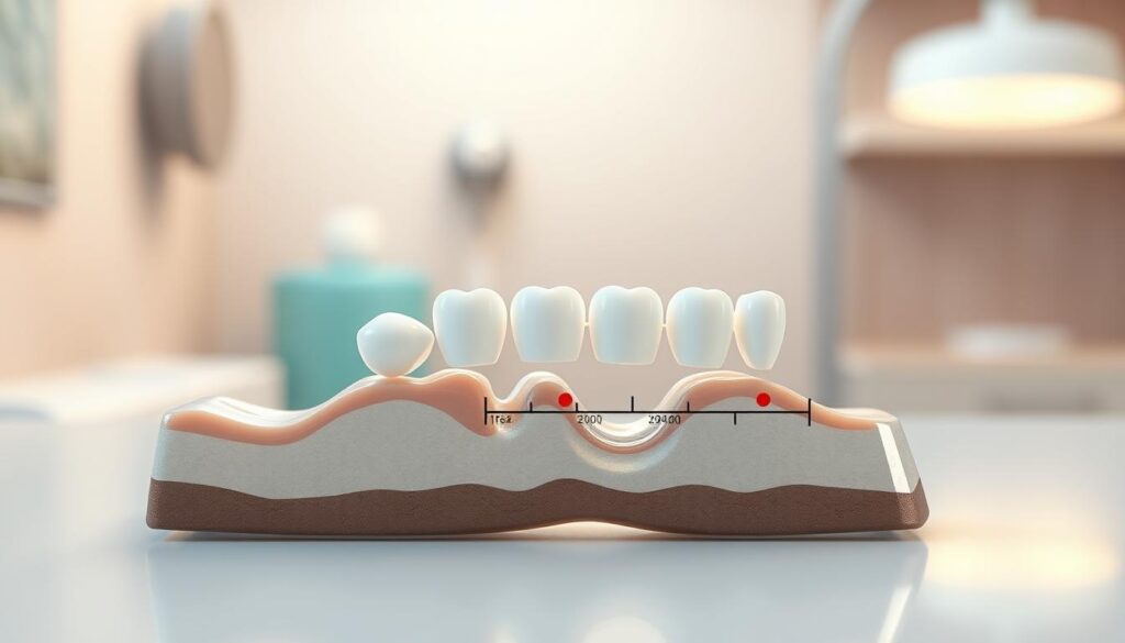 A high-resolution, photorealistic image of the expected lifespan of a dental bridge. The foreground depicts a cross-section of a dental bridge, showcasing its intricate structure and materials. The middle ground features a timeline illustrating the typical longevity of a well-maintained dental bridge, with markers indicating the average lifespan. The background is a soft, blurred medical or dental-themed environment, providing context and a sense of professionalism. The lighting is soft and diffused, creating a warm and clinical atmosphere. The angle is slightly elevated, giving a detailed, informative perspective on the subject matter. A high-resolution, photorealistic image of the expected lifespan of a dental bridge. The foreground depicts a cross-section of a dental bridge, showcasing its intricate structure and materials. The middle ground features a timeline illustrating the typical longevity of a well-maintained dental bridge, with markers indicating the average lifespan. The background is a soft, blurred medical or dental-themed environment, providing context and a sense of professionalism. The lighting is soft and diffused, creating a warm and clinical atmosphere. The angle is slightly elevated, giving a detailed, informative perspective on the subject matter.