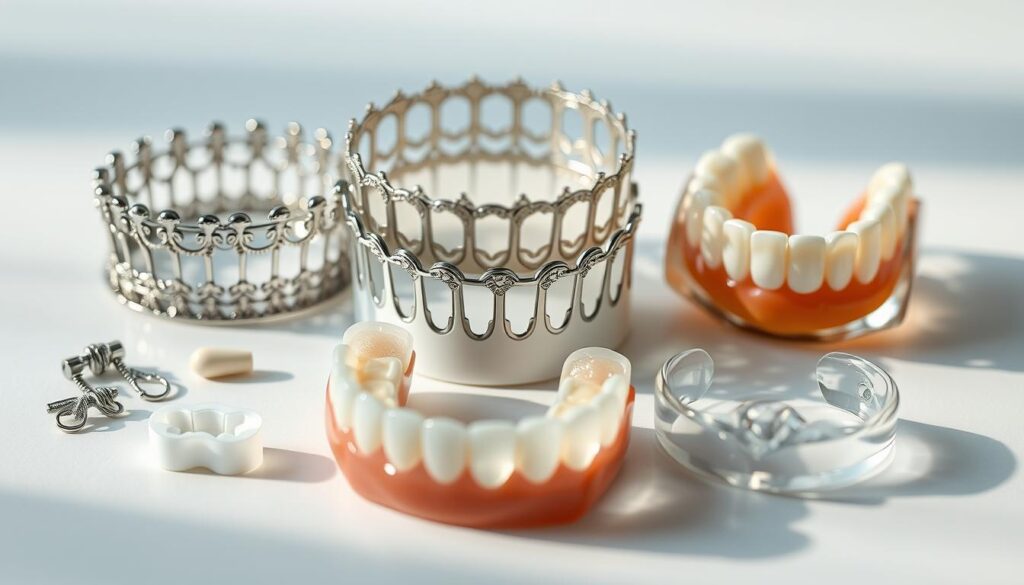 A meticulously crafted collection of dental materials artfully arranged on a clean, minimalist surface. Gleaming metal dental crowns, lustrous porcelain veneers, and translucent acrylic dentures are showcased in a visually striking display. Soft, diffused lighting accentuates the textures and hues of the diverse materials, creating a sense of depth and dimension. The composition emphasizes the variety and high-quality craftsmanship of the dental components, conveying a professional, clinical atmosphere. This image aims to visually communicate the range of specialized materials used in modern dental bridge fabrication.