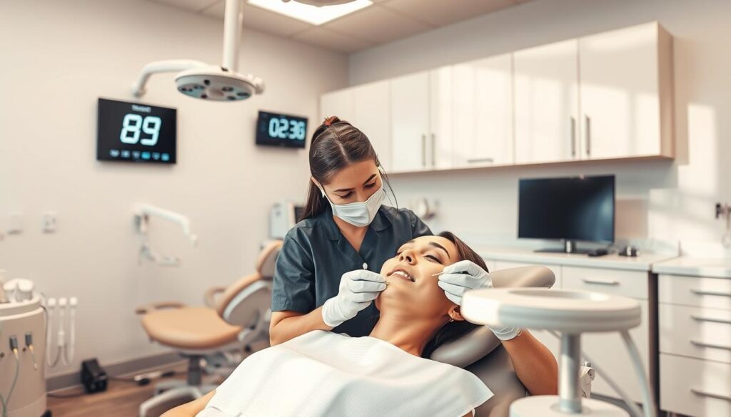 A modern, well-lit dental office interior with a cozy, inviting atmosphere. In the foreground, a dental hygienist is performing a routine cleaning on a patient, using advanced dental tools and equipment. The patient is relaxed and comfortable, with a serene expression. In the middle ground, a wall-mounted digital clock displays the time, indicating the typical duration of a dental cleaning. The background features other dental chairs, cabinets, and medical equipment, all in a clean, organized manner, conveying a sense of professionalism and attention to detail. The lighting is soft and natural, creating a warm, calming ambiance.