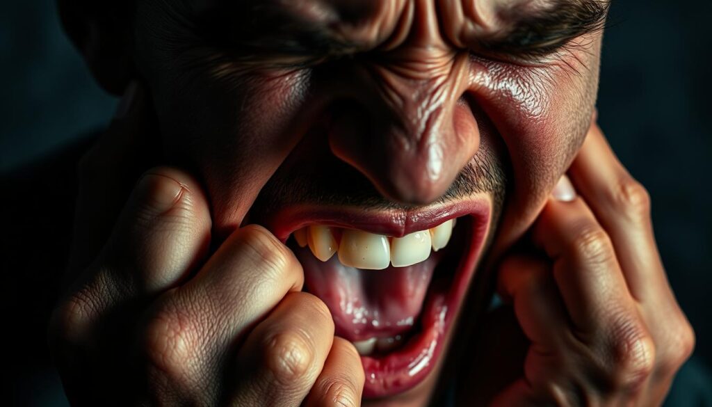A person's face contorted in anguish, brow furrowed, mouth open in a silent scream, as they grip their jaw in obvious pain. The skin around the affected tooth is inflamed and swollen, with a distinct reddish hue. The lighting is harsh, casting deep shadows that accentuate the distress on the individual's features. The background is blurred, keeping the focus entirely on the close-up of the pained expression, conveying the intensity of the tooth discomfort. The overall mood is one of acute distress, capturing the urgent need to seek professional dental care.