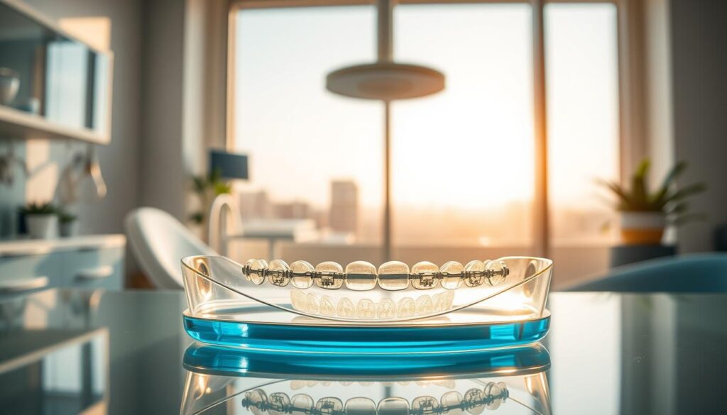 A pristine dental clinic interior, bathed in warm, natural lighting. In the foreground, a sleek Invisalign clear aligner tray sits on a glass table, its transparent shell and smooth edges evoking the discreet and comfortable nature of the treatment. In the middle ground, a pair of traditional metal braces are displayed, their intricate wires and brackets conveying a more noticeable presence. In the background, a large window overlooks a serene urban landscape, symbolizing the journey and transformation that both Invisalign and braces can facilitate. The overall scene exudes a sense of professionalism, technology, and the holistic approach to achieving a healthy, beautiful smile.