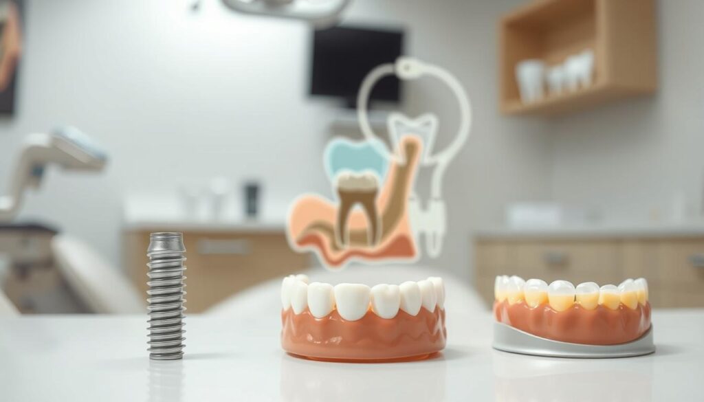 A professional dentist's office, with a clean, modern aesthetic. In the foreground, a set of dental prosthetics - a dental implant, a dental bridge, and a removable partial denture - are displayed on a clean, white surface. The middle ground features a well-lit, life-like illustration of a human jaw, showcasing the missing tooth and the various replacement options. The background has a soft, diffused lighting, creating a serene and informative atmosphere. The scene is photographed with a shallow depth of field, emphasizing the dental prosthetics and the anatomical illustration. The overall mood is one of educational clarity, highlighting the importance of understanding the different tooth replacement choices. A professional dentist's office, with a clean, modern aesthetic. In the foreground, a set of dental prosthetics - a dental implant, a dental bridge, and a removable partial denture - are displayed on a clean, white surface. The middle ground features a well-lit, life-like illustration of a human jaw, showcasing the missing tooth and the various replacement options. The background has a soft, diffused lighting, creating a serene and informative atmosphere. The scene is photographed with a shallow depth of field, emphasizing the dental prosthetics and the anatomical illustration. The overall mood is one of educational clarity, highlighting the importance of understanding the different tooth replacement choices.