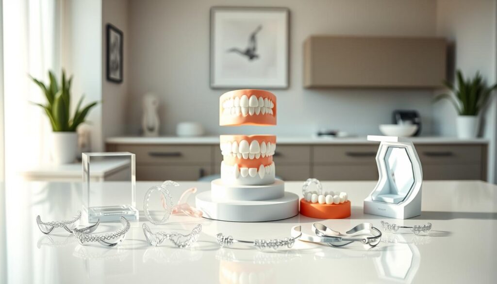 A serene and clean dental office setting, with a focus on various orthodontic treatment options displayed on a sleek, minimalist table. In the foreground, a selection of clear aligners, retainers, and other discreet dental appliances are arranged neatly. The middle ground features a professional-looking dental model, showcasing the different treatment possibilities. The background is softly lit, with a neutral color palette and a sense of clinical expertise. The overall composition conveys a sense of trust, innovation, and personalized care, positioning these alternatives as viable options to Invisalign.