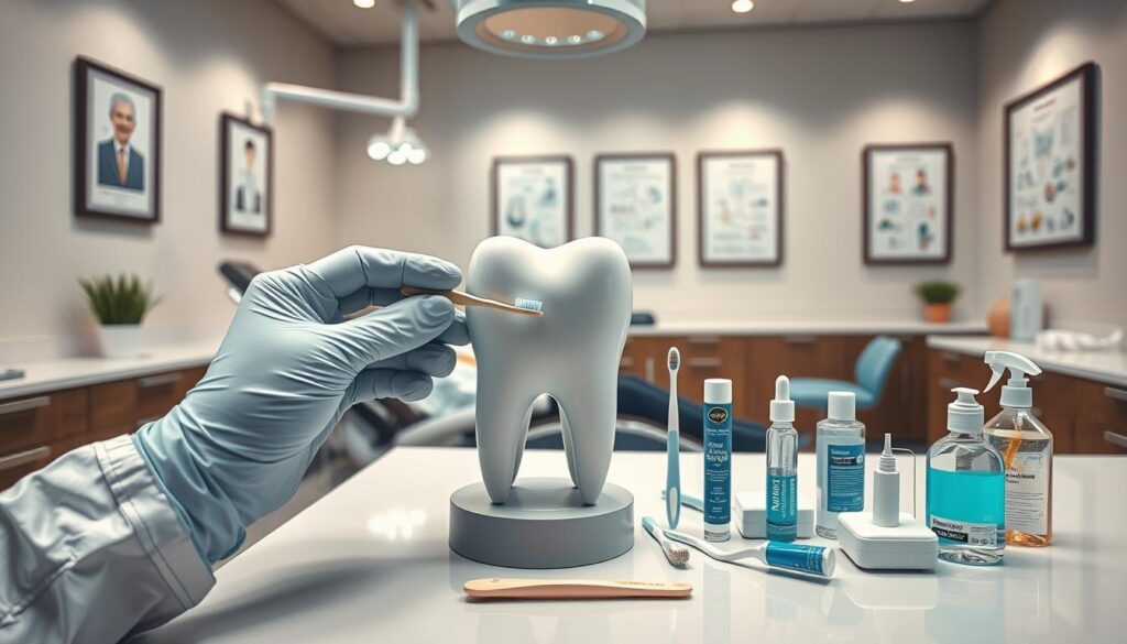A serene dental clinic setting, featuring a patient reclining in a modern dentist's chair. In the foreground, a dentist's gloved hands demonstrate proper flossing technique on a large tooth model. The middle ground showcases an array of dental hygiene products - toothbrushes, toothpaste, mouthwash, and dental floss - neatly arranged on a gleaming countertop. The background depicts soothing, minimalist decor with muted colors, calming lighting, and framed dental health infographics on the walls. The overall atmosphere conveys a sense of professionalism, comfort, and the importance of preventive dental care.