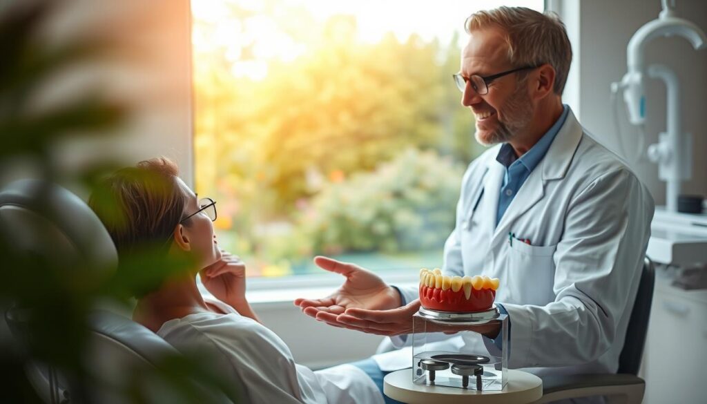 A serene dental office setting, with a large window overlooking a lush garden. In the foreground, a patient sits in a comfortable chair, deep in thought as a dentist gently explains the reasons to replace a missing tooth. The dentist's hands gesture towards a detailed model of a partial denture, highlighting its benefits. The patient's expression is one of understanding, as they consider the importance of maintaining a complete and healthy smile. Soft, warm lighting illuminates the scene, conveying a sense of care and professionalism. The background features clean, modern medical equipment, subtly suggesting the advanced technology available to address the patient's needs.