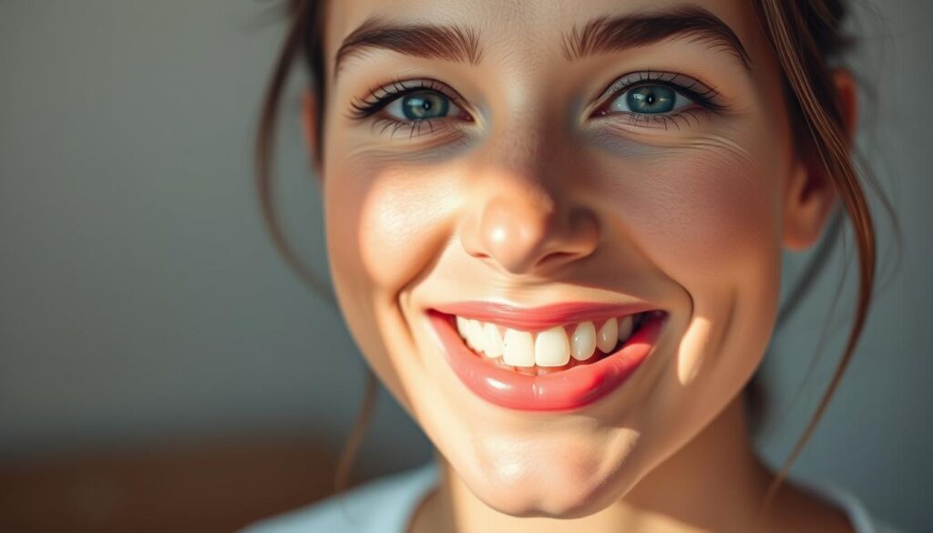 A serene, well-lit close-up portrait of an ideal Invisalign patient, showcasing their straight, evenly-spaced teeth with a natural, healthy smile. The subject's face is positioned at a slight angle, creating a flattering, three-dimensional effect. The lighting is soft and diffuse, illuminating the subject's features and highlighting the translucent quality of their dental aligners. The background is subtly blurred, placing the focus entirely on the patient's beautifully aligned smile. The overall atmosphere conveys a sense of confidence, satisfaction, and the successful outcome of Invisalign treatment.