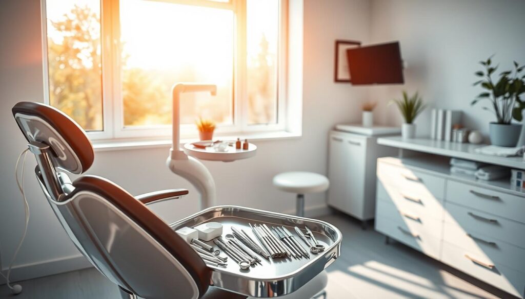 A sterile dental examination room bathed in warm, natural light streaming through large windows. In the foreground, a dentist's chair with gleaming chrome and leather upholstery. On the tray beside it, an array of polished metal instruments - probes, mirrors, picks - reflecting the light. In the middle ground, a sleek, white dental cabinet, its drawers containing an array of dental tools and supplies. The background features minimalist decor - plain white walls, a framed diploma, and a potted plant - creating a sense of clinical efficiency. The overall atmosphere is one of professionalism and care, conveying the importance of seeking timely dental attention.