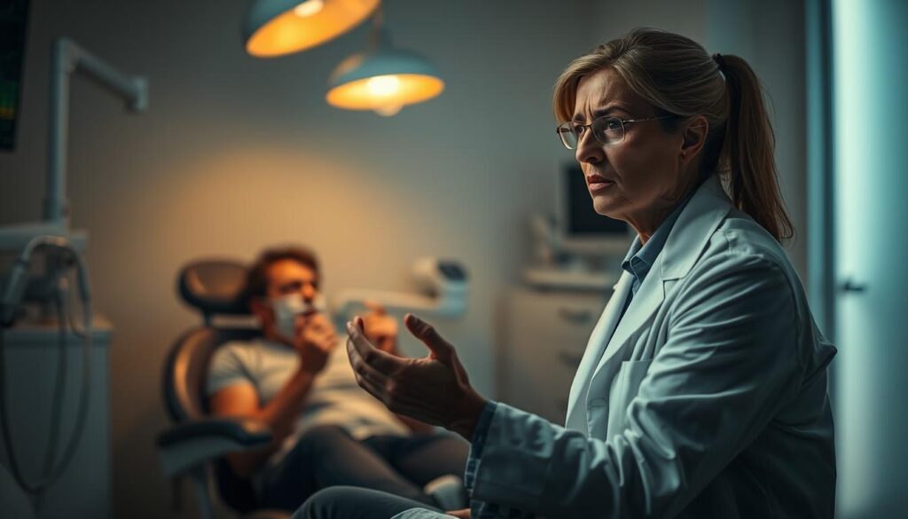 A stressed-out patient sits anxiously in a dimly lit dental office, hands trembling as they grip the armrests. The room is bathed in a warm, soothing glow, creating an atmosphere of comfort and care. In the foreground, a kind and attentive emergency dentist, dressed in a crisp white coat, leans in with a reassuring expression, ready to address the patient's urgent dental needs. The background is hazy, blurred, and devoid of distractions, allowing the focus to remain on the crucial interaction between the dentist and the stressed individual.