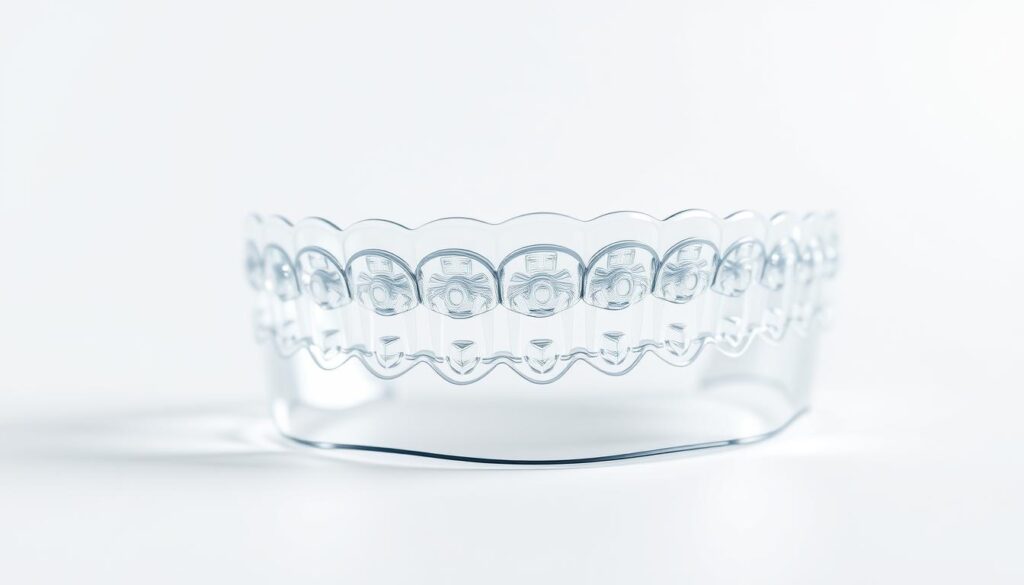 A transparent 3D model of Invisalign aligners, showcasing their intricate design and inner workings. The aligners are positioned against a pristine white background, with a soft, even lighting that highlights their clarity and precision. The camera focuses on the aligners, capturing their subtle contours and the intricate patterns of the teeth-aligning trays. The foreground is sharply in focus, while the background is subtly blurred, directing the viewer's attention to the central subject. The overall mood is one of clinical elegance, conveying the advanced technology and meticulous engineering behind the Invisalign system.