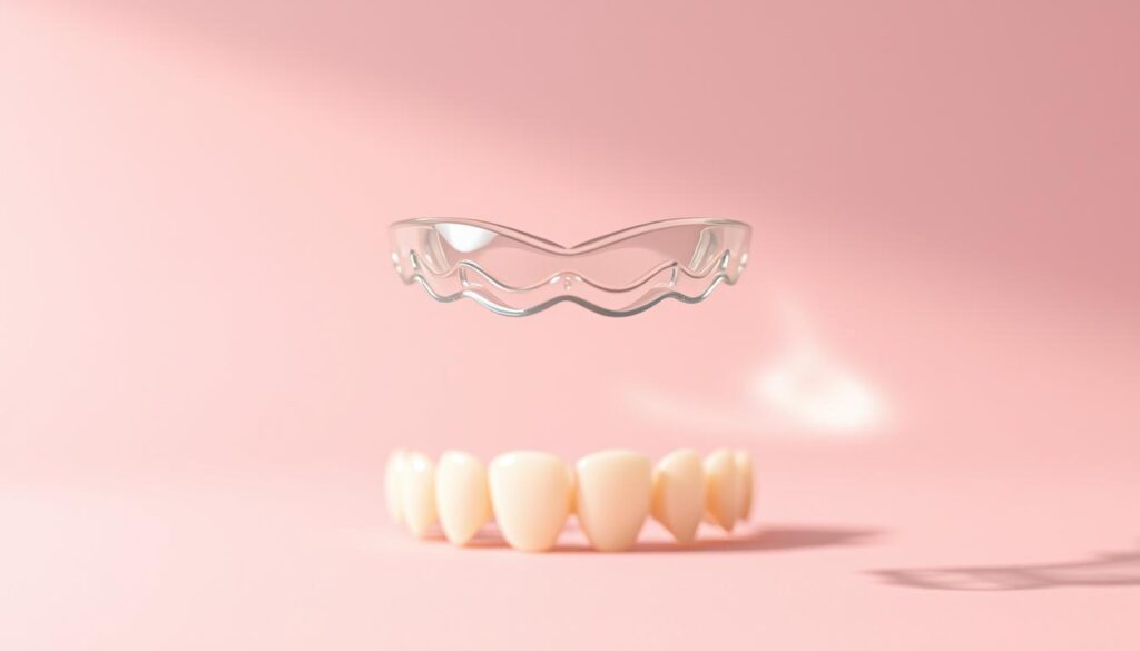 A transparent Invisalign aligner hovers above a serene, pastel-colored backdrop, casting a soft, diffused shadow. The aligner appears meticulously crafted, with intricate details and a glossy, seamless finish. The lighting is gentle, creating a sense of effortless elegance and the aligner's effectiveness in subtly realigning teeth. In the middle ground, a row of healthy, evenly-spaced teeth emerges, hinting at the transformative power of this innovative orthodontic treatment. The background features a soothing gradient, conveying a calming, professional atmosphere befitting the medical nature of the subject matter.