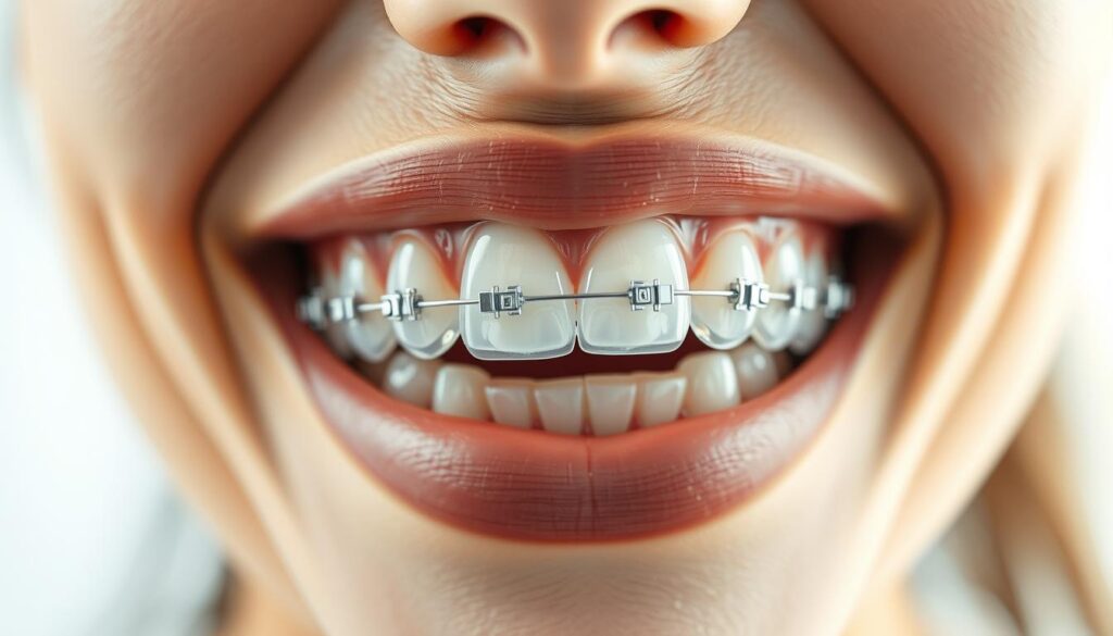 A transparent, near-invisible set of braces, delicately framing the teeth with a subtle, barely-there aesthetic. The braces are precisely positioned, meticulously crafted to blend seamlessly with the natural contours of the mouth. Soft, diffused lighting casts gentle shadows, highlighting the intricate engineering and attention to detail. The overall impression is one of comfortable discretion, a testament to the potential for comfortable, discreet dental aligners. The scene conveys a sense of ease and confidence, inviting the viewer to imagine the transformative yet unobtrusive experience of wearing these transparent braces.