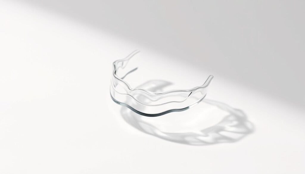 A transparent set of aligners float effortlessly against a crisp, white background, casting subtle shadows that highlight their intricate, custom-fitted design. The aligners are positioned at an angle, showcasing their sleek, barely-there profile and the seamless way they blend with the wearer's natural teeth. Soft, directional lighting enhances the clarity and imperceptibility of the aligners, conveying a sense of advanced, invisible orthodontic technology. The overall composition emphasizes the aligners' discreet and unobtrusive nature, perfectly suited for the "Understanding Clear Aligners" section of the article.