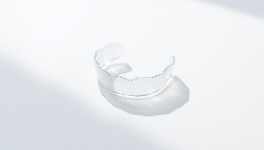 A transparent set of dental aligners gently resting on a pristine white surface, illuminated by soft, diffused lighting that highlights their delicate, seamless construction. The aligners appear to float, their invisible edges blending effortlessly with the background, conveying a sense of weightlessness and discreet elegance. The scene evokes a calm, minimalist atmosphere, inviting the viewer to appreciate the aligners' subtle, unobtrusive design and the ease of maintaining their pristine condition.